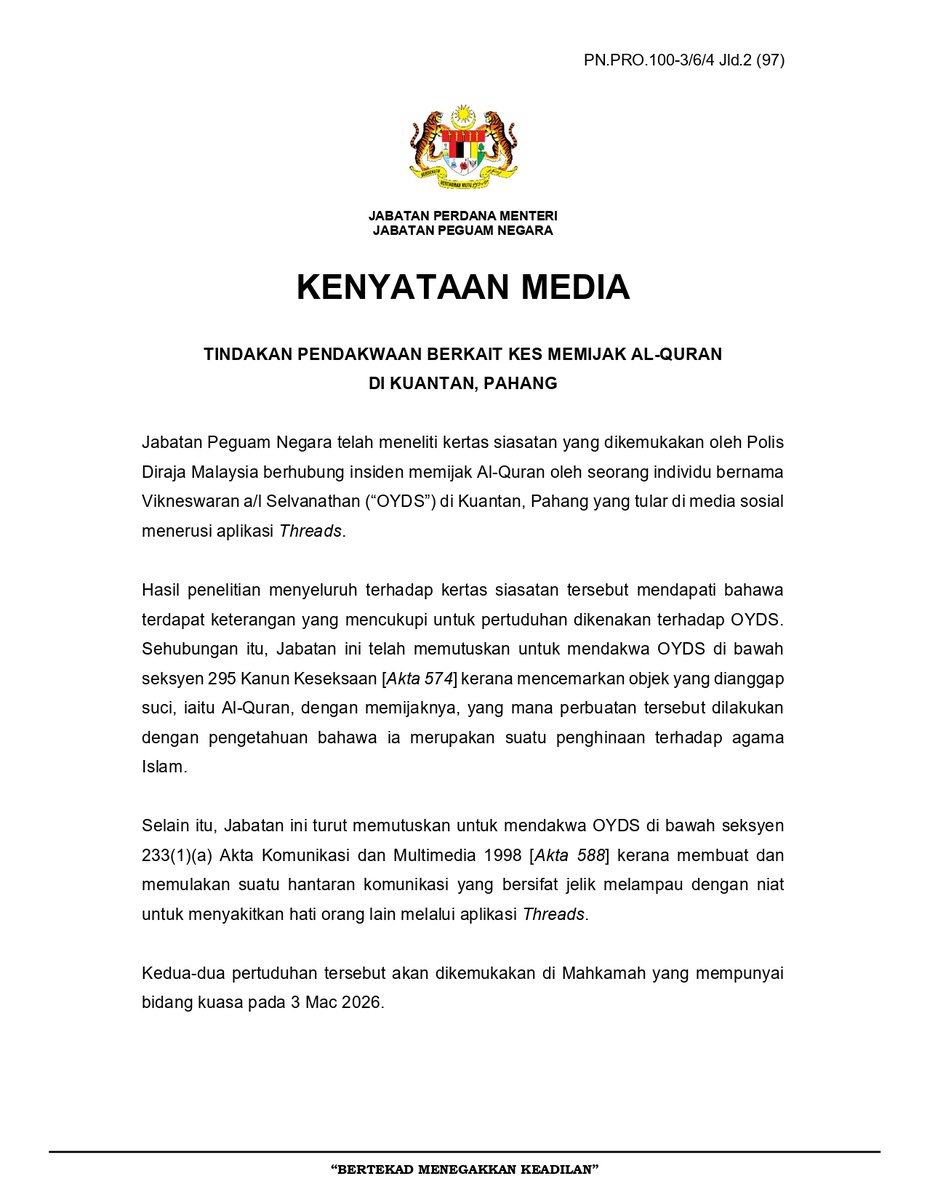 AGCPutrajaya's tweet photo. KENYATAAN MEDIA 2 MAC 2026 

TINDAKAN PENDAKWAAN BERKAIT KES MEMIJAK AL-QURAN DI KUANTAN, PAHANG

#TaatSetia
#MalaysiaMADANI
#AGCMADANI
#JabatanPeguamNegara
#MADANIBekerja https://t.co/LiHKxEJmsE