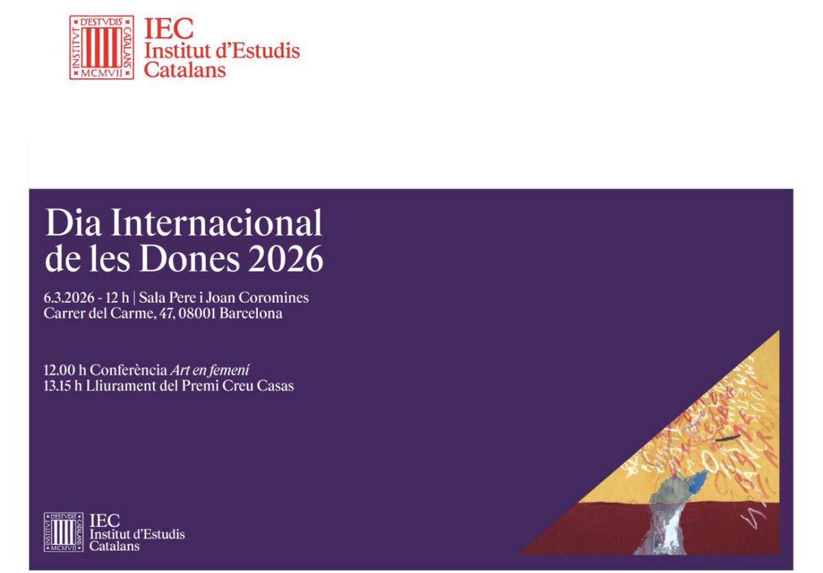 Enguany l’art centrarà el Dia Internacional de les Dones a la Institut d’Estudis Catalans (6 de març, 12 h) amb el focus en la #criptogínia, terme incorporat al seu diccionari. Hi intervindran Elina Norandi i Cristina Rodriguez, es lliurarà el Premi Creu Casas 2026 🎨♀️