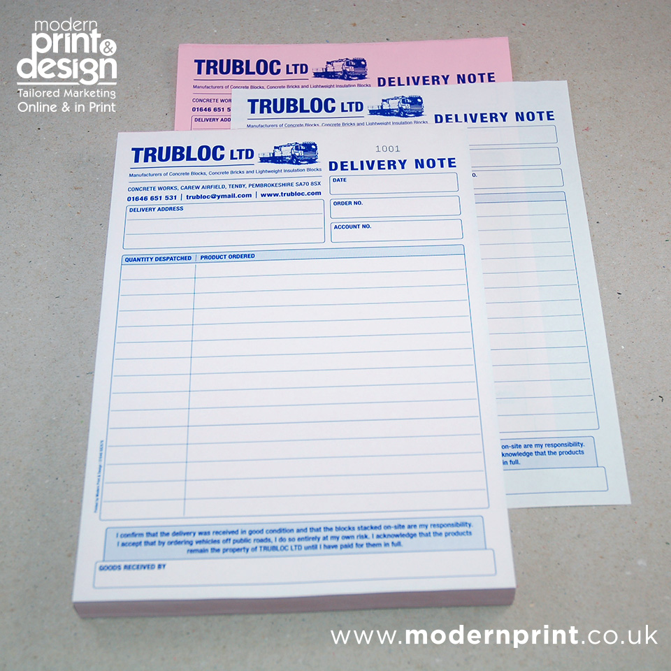 Another stationery project completed ✔️
These bespoke deliver notes for Trubloc #CarewAirfield #Pembrokeshire combine clear layout with consistent branding.
Well-designed stationery still matters.
Modern Print &amp; Design, Tel 01646 682676.
Pembroke Dock.
Web | Print | Design