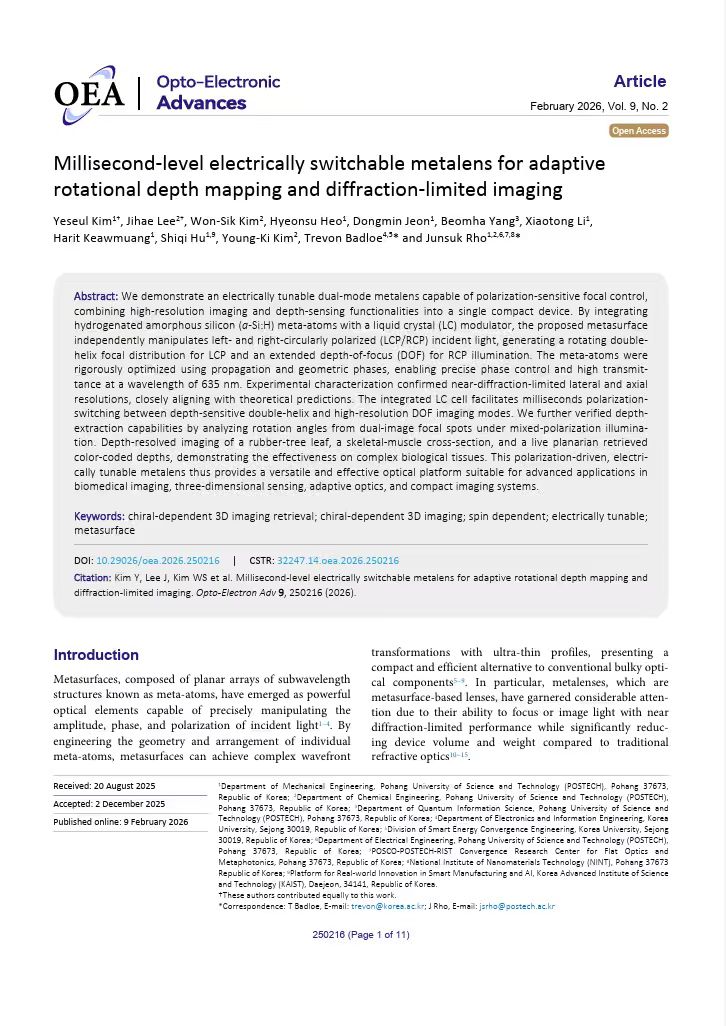 OptoElectronAdv's tweet photo. #OEA_highlight Millisecond-level electrically switchable metalens for adaptive rotational depth mapping and diffraction-limited imaging https://t.co/OaBSzs4hBh by #Trevon_Badloe @UniversityKorea #Junsuk_Rho @postech1986 #chiral #3D_imaging #retrieval #spin #tunable #metasurface https://t.co/f2fXmrthQ8