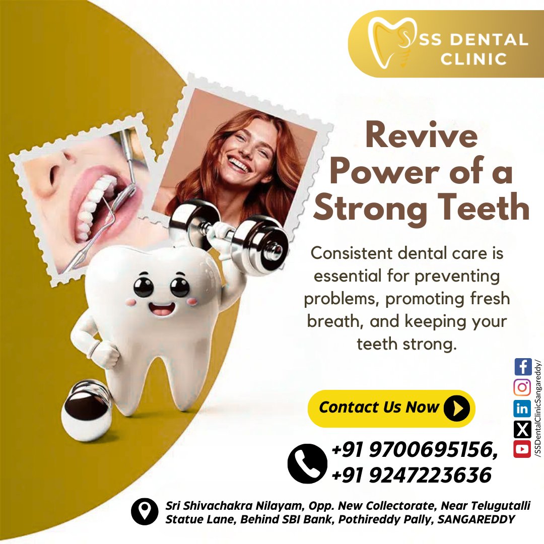 SSDentalClinics's tweet image. #StrongTeeth #DentalCare #HealthySmile #Sangareddy #SSDentalClinic #OralHealth #FreshBreath #SangareddyDentist #ToothStrength #DentalWellness #DrShivaRamaKrishna #DrShivaratna #PothireddyPally #PreventiveDentistry #SmileConfidence #TeethHealth #SangareddyDistrict #ExpertDentist