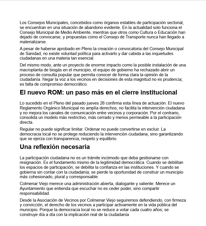 AVColmenarViejo's tweet photo. COMUNICADO: EN DEFENSA DE LA PARTICIPACIÓN CIUDADANA EN #ColmenarViejo. Y ante la polémica del nuevo ROM aprobado por el Ayuntamiento. https://t.co/rOxZ6aXtyZ