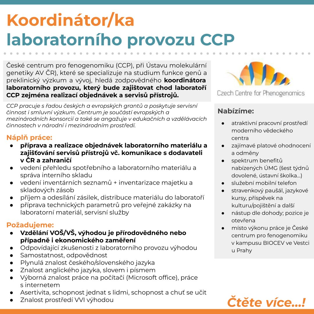 researchjobs_cz's tweet photo. České centrum pro fenogenomiku @CZphenogenomics při Ústavu molekulární genetiky AV ČR @imgprague hledá zodpovědného koordinátora laboratorního provozu
Čtěte více: https://t.co/0MbefhcRqS
#biologie #chemie #biochemie #labManager https://t.co/MnG7oMox6n