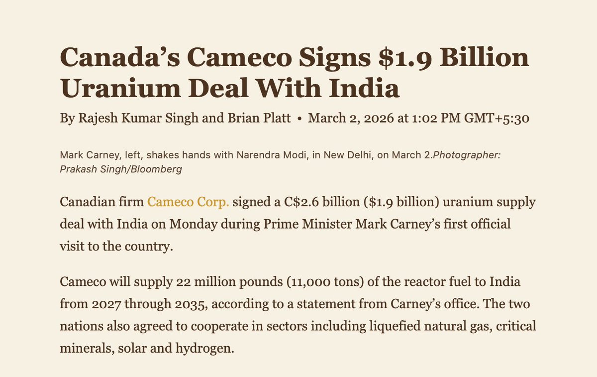 This is Huge. 🔥🔥🔥
Canadian PM <a href="/MarkJCarney/">Mark Carney</a>  India visit shows a clear reset in ties. Canada and India signed a $2.6B uranium supply deal, agreed to fast-track a CEPA to double trade to $70B by 2030, and signed MOUs on critical minerals, AI, defence, talent and culture.