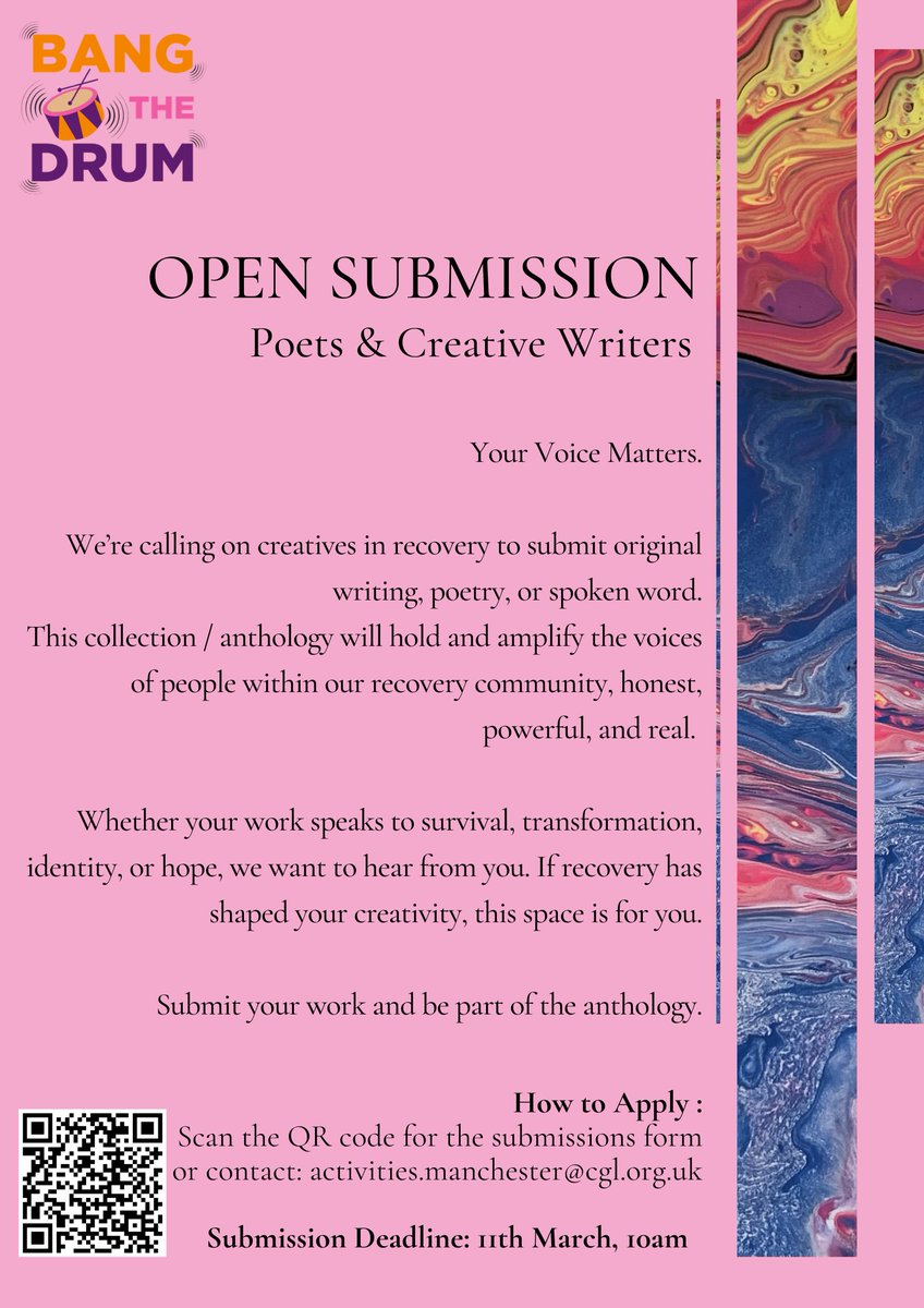 grow_manchester's tweet image. #BangTheDrum #CreativeRecovery #PoetryCommunity  #WritersInRecovery #ChangeGrowLive #CreativeExpression #RecoveryVoices #ManchesterWriters #CallForSubmissions #TamesideWriters #MyRecoveryTameside #ChangeGrowLiveManchester  #AddictionRecovery #WritingCommunity  #ArtForRecovery