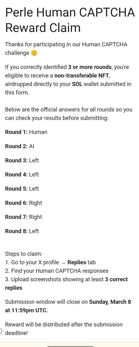 Important update about Perle Labs

If you participated on the <a href="/PerleLabs/">Perle Labs</a> Human CAPTCHA now you need submit your submission on the Google form:

docs.google.com/forms/d/e/1FAI…

If you made correct at least 3 answer you will get the NFT!

- Open the form

- submit your X and discord 

-