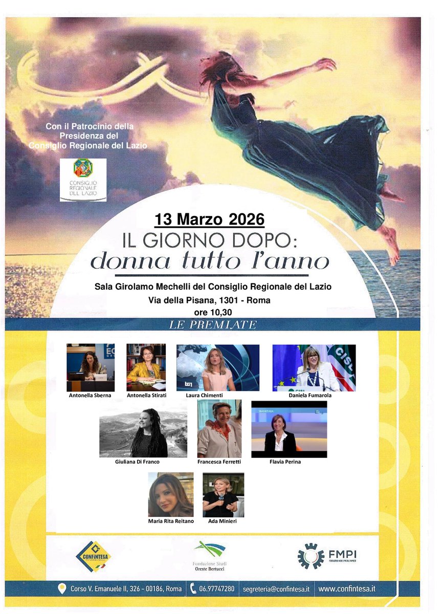 📌#13marzo2026 - ⌚ 10:30, presso la Sala Girolamo Mechelli del #ConsiglioRegionaleLazio:

"#Confintesa presenta la 6^ Edizione del Premio:
-#Ilgiornodopo: #Donnatuttolanno-".