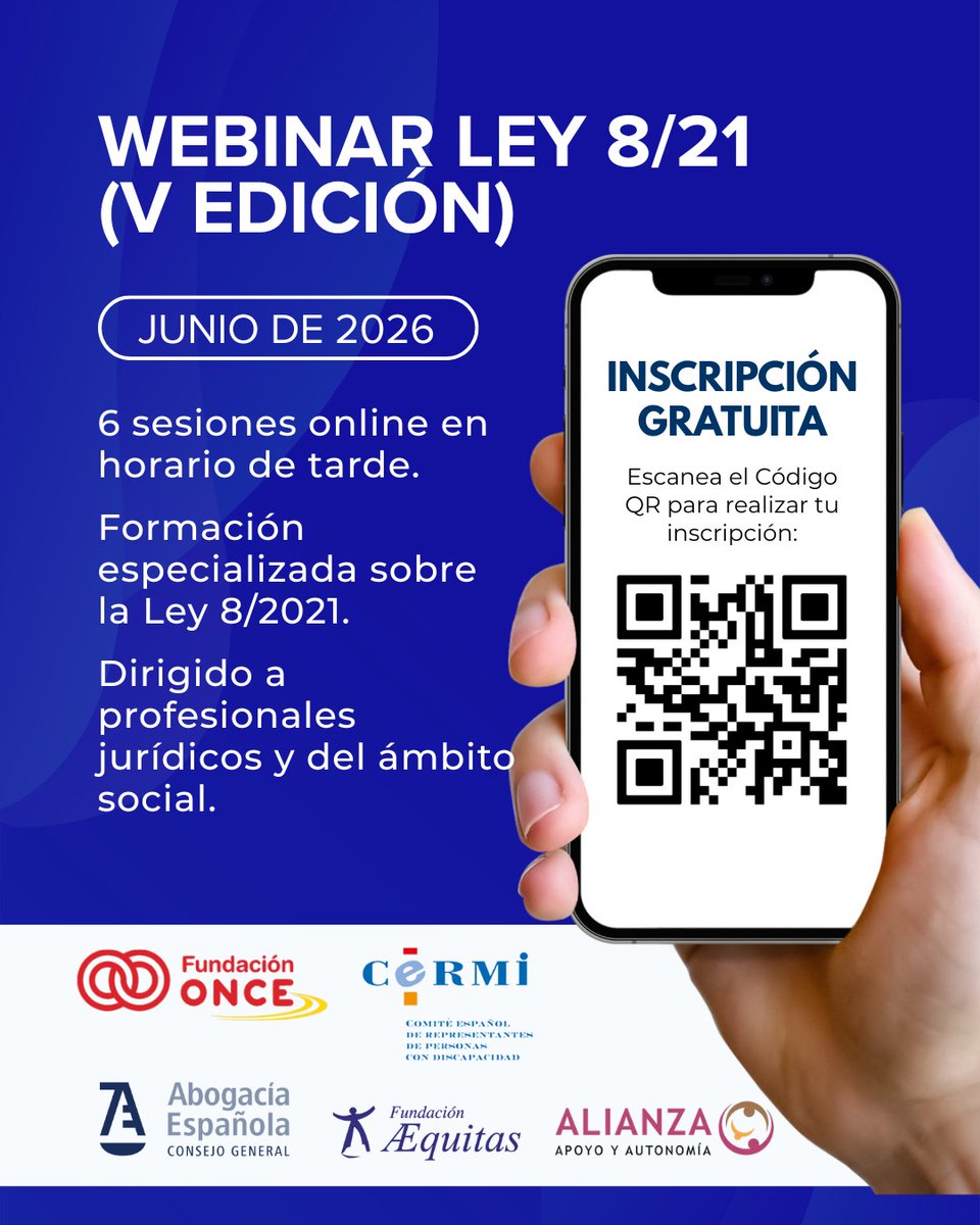 FAEQUITAS's tweet photo. ⚖️El próximo mes de junio tendrá lugar el webinar jurídico Cinco años después de la aprobación de la Ley 8/21 por la que se reforma la legislación civil y procesal para el apoyo a las personas con discapacidad en el ejercicio de su capacidad jurídica.

En su quinta edición, este foro -organizado por las Fundaciones ONCE y Aequitas, CERMI, el Consejo General de la Abogacía Española y la Alianza Apoyo y Autonomía- abordará el estado actual de dicha reforma legislativa: su implantación, efectividad del acceso a la justicia, efectos colaterales, etcétera. Asimismo, en las sesiones se hará hincapié en la difusión de buenas prácticas para la aplicación de las distintas figuras de apoyo.

https://t.co/orkC7JjlM8

#JuntosQueremosHacerMás

@Fundacion_ONCE @Cermi_Estatal @Abogacia_es @DownEspana @Plenainclusion @ASPACE @danocerebralE @consaludmental @Autismo_Espana @AsociacionLiber
