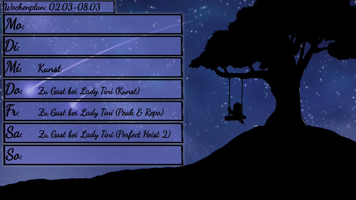 Guten Morgen Welt und alle die sie bevölkern!
Diese Woche gibts wieder Streams, Mittwoch schauen wir mal was ich neues zeichne, danach bin ich 3 Tage zu Gast bei <a href="/WolfsLady05/">Lady Tini //Commisson open</a>, welche ein großes Sammelsorium an bunten Streams zeigt.

[ #GERVtuber | #rabenstream ]