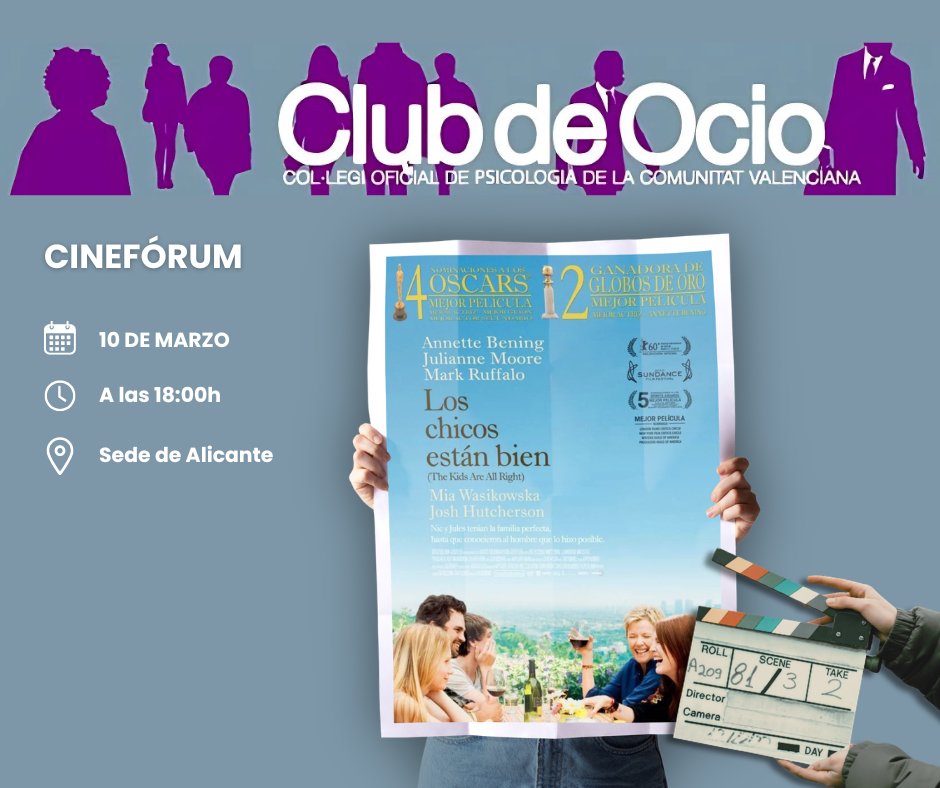 COPCV's tweet photo. #ClubDeOcio Mañana!

👉 Cinefórum - "Los chicos están bien". Armonía familiar.
📅 Tendrá lugar el 10 de marzo a las 18:00h. 
📍 Sede de Sede de Alicante (Avda. General Marvá, 16, 1º)

Inscripciones: https://t.co/OcCDo0maIv

#COPCV #Cineforum https://t.co/rZ6PZoZCzh