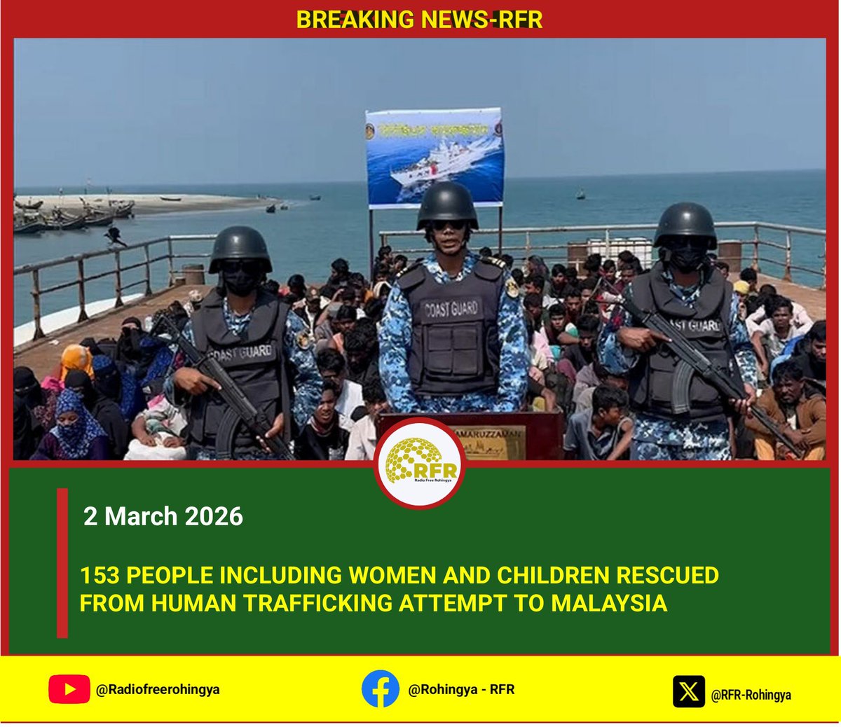 🚨 153 people, including women and children, rescued by Bangladesh Coast Guard from a human trafficking attempt to Malaysia.
Reports of deaths, abuse, and exploitation during the dangerous sea journey.
Authorities vow justice and stricter measures against traffickers.
#RFR_MEDIA