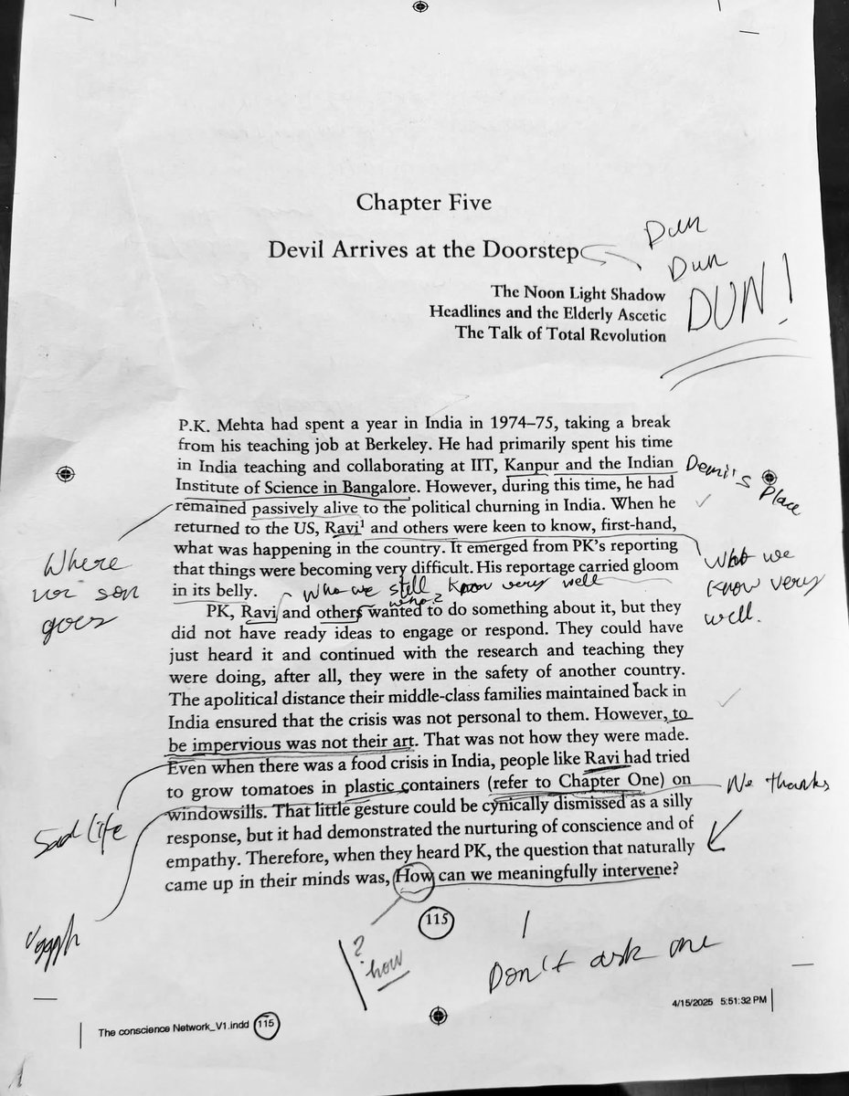 sugataraju's tweet photo. My wife sent me this manuscript page of my most recent book (#TheConscienceNetwork) with the following comment: <<When the young editor strikes!! The daughter had father’s manuscript sheets for maths rough work and that one time she decides to read what is on the other side! And on reading one page, she has declared her father is a good storyteller and she might take up that book for reading someday and he is not as boring as she thought him to be. Read her edits and comments😂>>