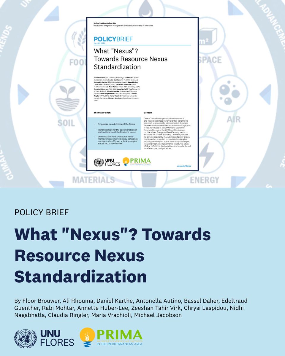 UNUNexus's tweet photo. In Case You Missed It: What “Nexus”? Towards Resource Nexus Standardization

In collaboration with PRIMA, our latest policy brief explores how to define and implement the Resource Nexus approach in practice. https://t.co/Q9nM365pHt