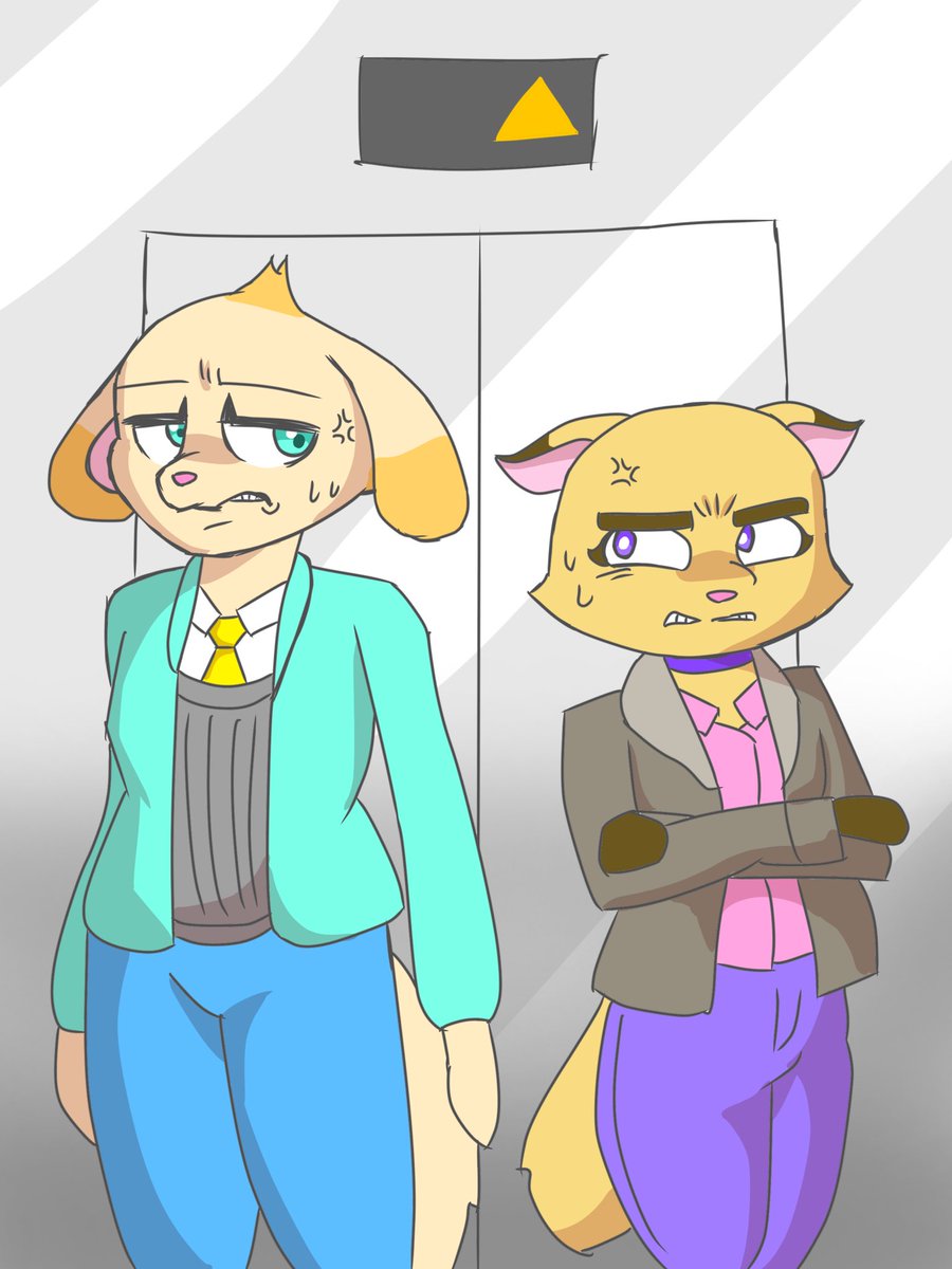 エレベーターで偶然遭遇した2人。
美月「(でかみみ女...💢)」
セナ「(ちびだぬき...💢)」
#ケモノ　#オリケモ　#oc