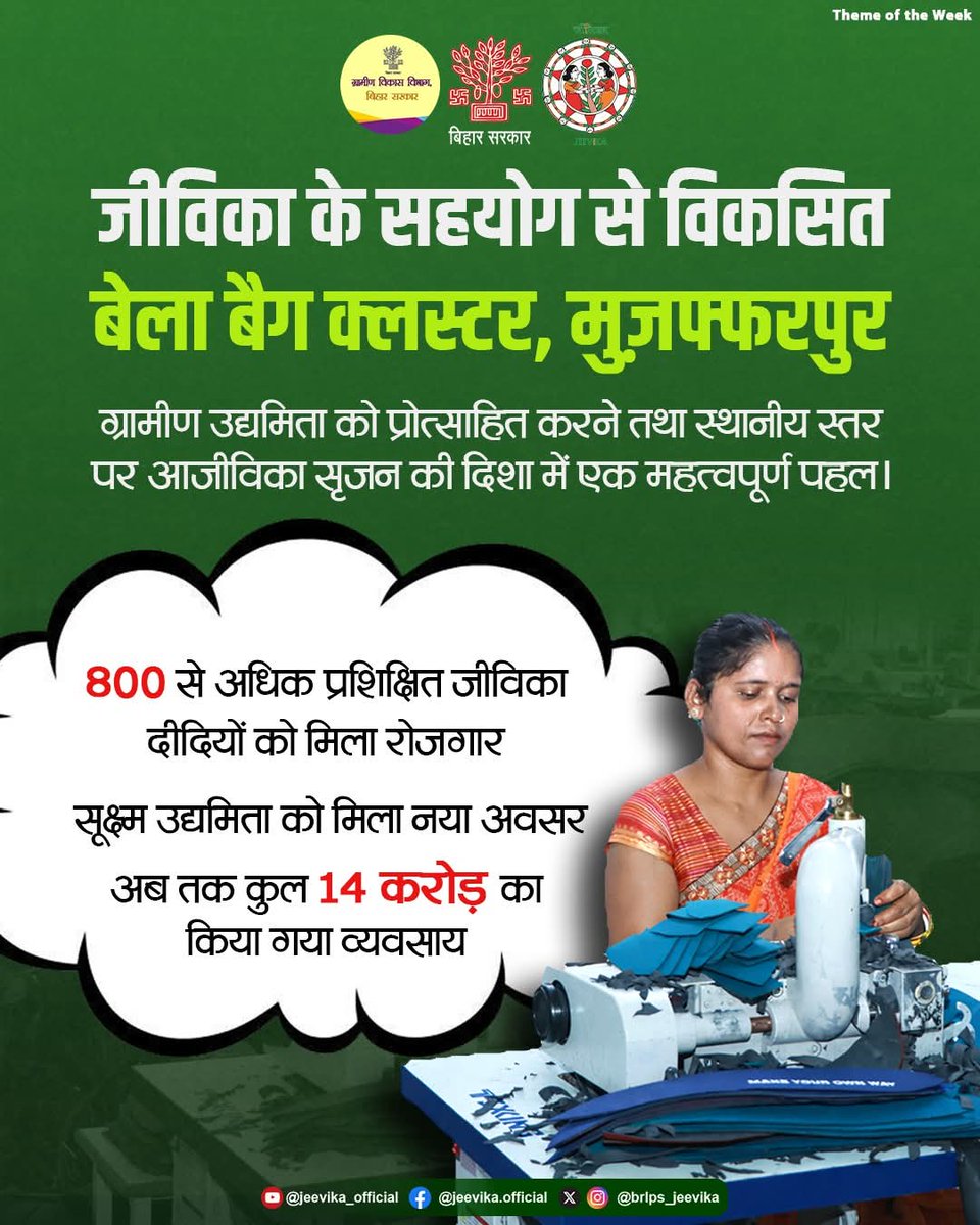 BiharRDD's tweet image. #ThemeOfTheWeek मुज़फ्फरपुर के बेला औद्योगिक क्षेत्र में जीविका के सहयोग से विकसित बैग क्लस्टर,ग्रामीण उद्यमिता को बढ़ावा देने की दिशा में एक महत्वपूर्ण पहल के रूप में उभर रहा है।यह पहल स्थानीय स्तर पर जीविकोपार्जन के अवसर सृजित करते हुए महिलाओं को आर्थिक रूप से सशक्त बना रही है।