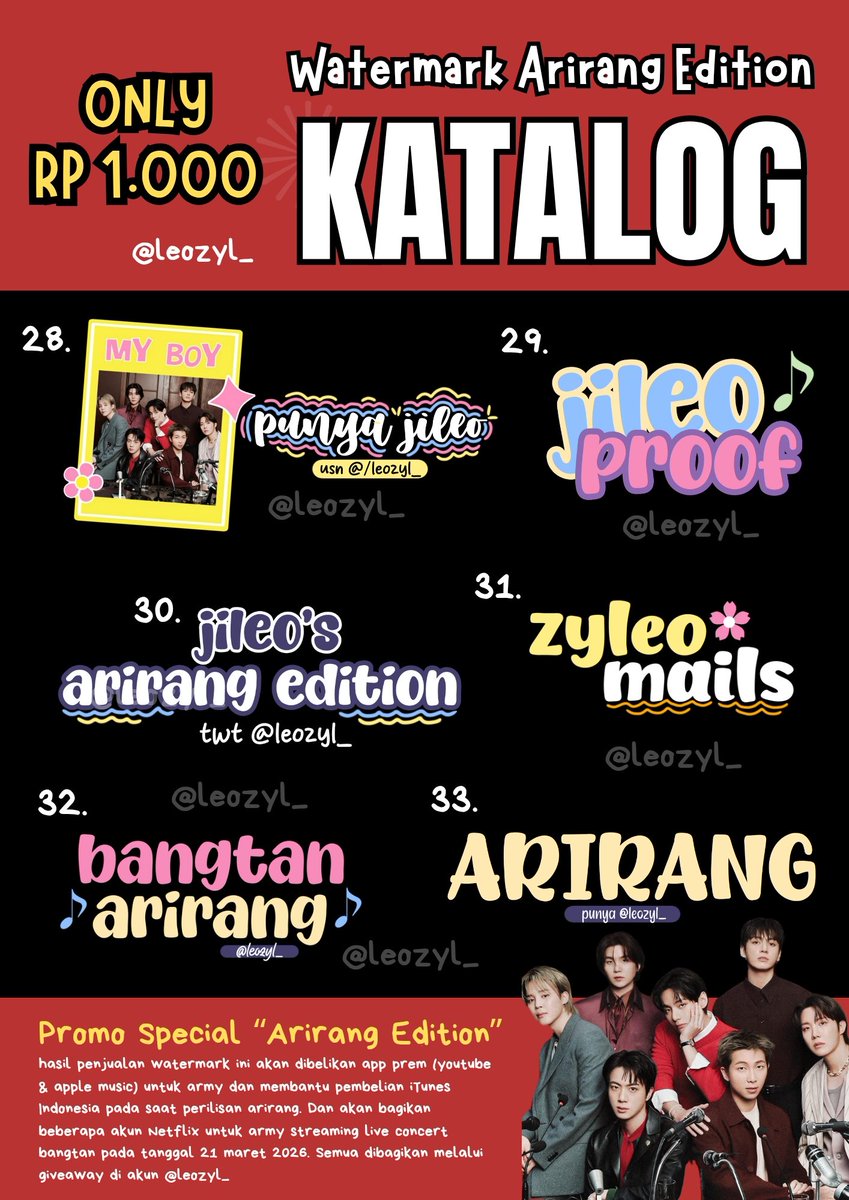📢 HAI ARMY, help rt &amp; share ya 🙏🏻

bentuk dukunganku untuk arirang nanti, aku open wm ONLY 1K. hasil penjualan akan ku beliin yt, am prem untuk army streaming nanti &amp; netflix. sekaligus aku open dana pembelian iTunes Indo.

yang mau boleh dm aku ya, mari suksesin ARIRANG ❤️‍🔥