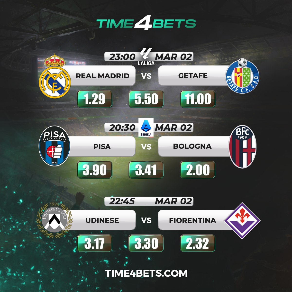 أكشن عالي المخاطر⚠️🔥

تشتعل الليغا الإسبانية بمواجهة ريال مدريد ضد خيتافي في صراع القوة والصلابة.⚽️💪
وتستمر إثارة الدوري الإيطالي (Serie A) بمواجهة بيزا ضد بولونيا وأودينيزي ضد فيورنتينا — تحقق من الاحتمالات والمزيد من المعلومات!📊