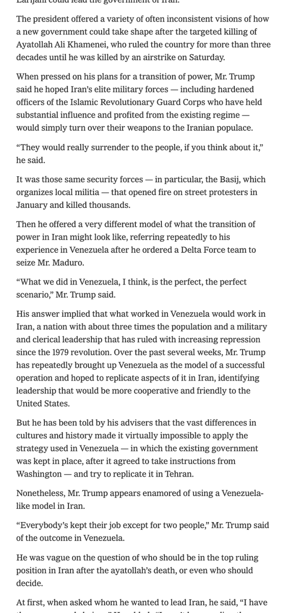 In phone interview with New York Times, addled-seeming Trump confirms he wanted to repeat perceived Venezuela victory in Iran, has no defined understanding of war aims in latter country: nytimes.com/2026/03/01/us/…