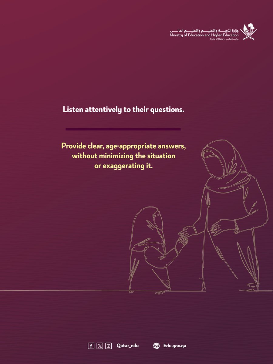 Qatar_Edu's tweet photo. Children’s awareness in different situations is shaped by our behavior before our words.

The presence of a conscious and attentive parent, the accuracy of information, and emotional composure are fundamental pillars in fostering a lasting sense of safety and trust. https://t.co/OUDOjV4Zc0
