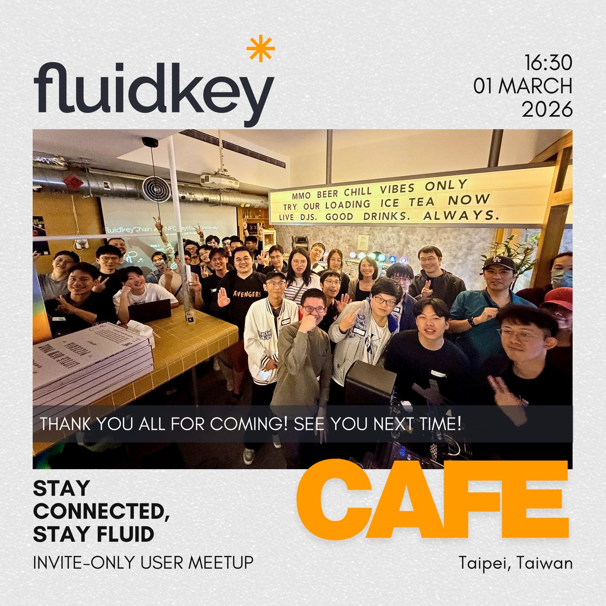 Huge thanks to everyone who showed up for the first Fluidkey Cafe in Taipei! It was amazing to meet you all, thank you for bringing such great energy ✨ We’re just getting started! 🇹🇼

Let’s stay connected, stay fluid! 🔑