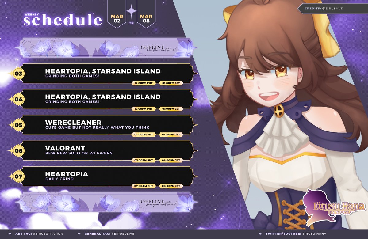 New Schedule template! 🥰

🎀Schedule | MAR 2 to MAR 8
🎀Streaming at: twitch.tv/eirusu_hana
🎀🗓️: @/OrihimeVT
#vtuber