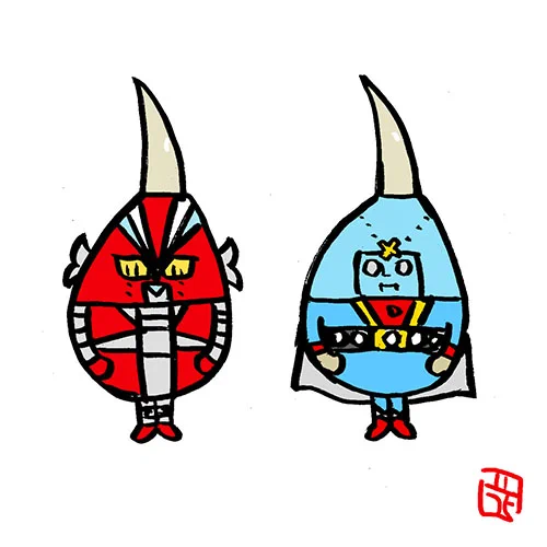 特撮の慈姑(くわい)4個。 #くわいヒーローズ ファンアート #電人ザボーガー #ダイヤモンドアイ #ミラーマン #アイアンキング
