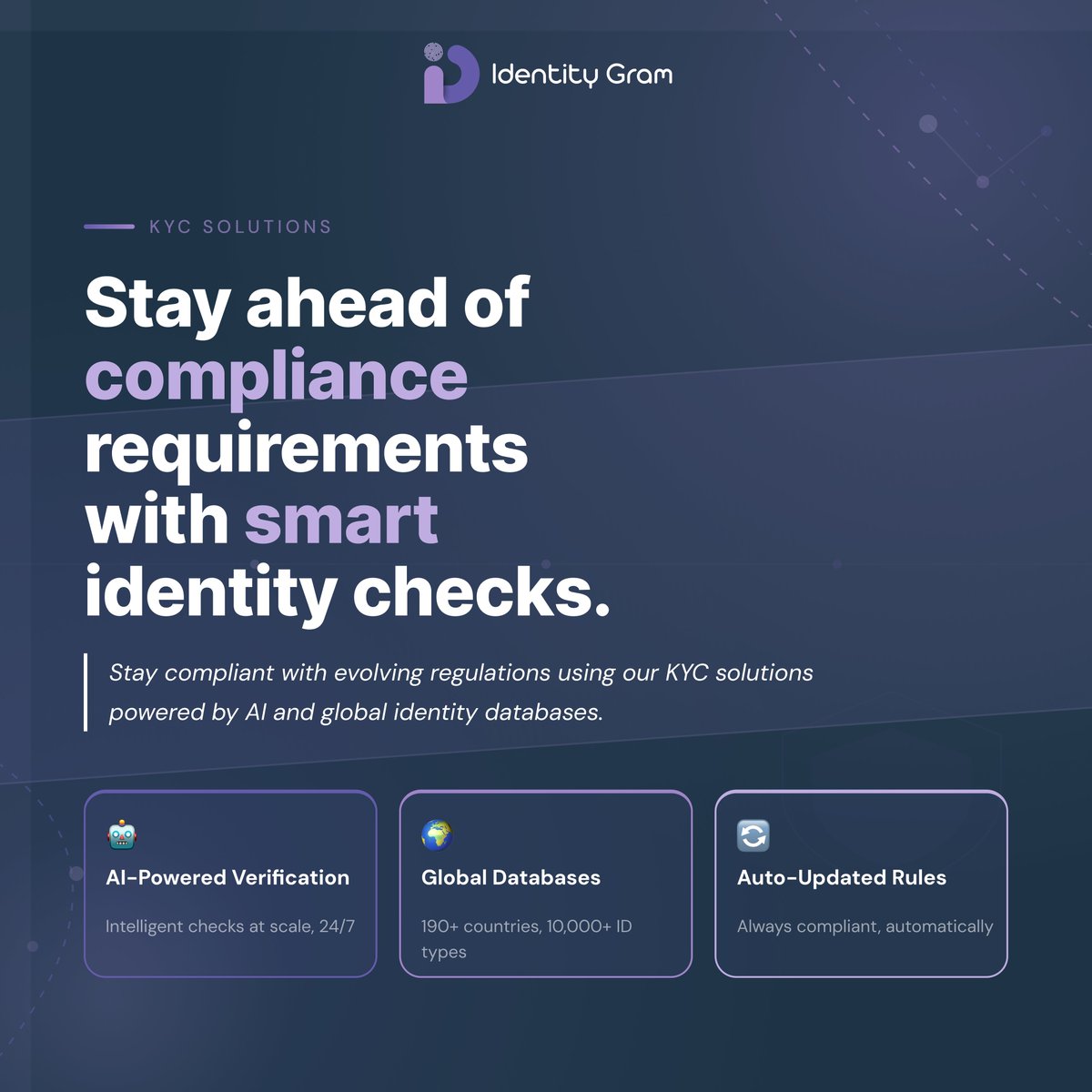 Identitygram_'s tweet photo. Stay compliant with evolving regulations using our KYC solutions powered by AI and global identity databases.

#RegTech #AMLCompliance #KYCPlatform #SmartVerification #IdentityGram https://t.co/GoczabffDi