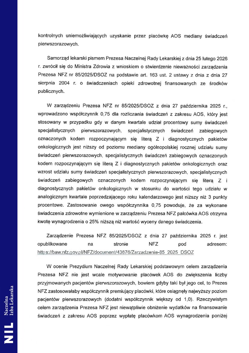 NaczelnaL's tweet image. 📌 NRL apeluje do @BiuroRPO i @RzeczPacjenta.

Współczynnik 0,75 wprowadzony przez @NFZ_GOV_PL  #AOS oznacza, że placówki mogą otrzymać o 25% niższe wynagrodzenie za prawidłowo wykonane świadczenia.

To rozwiązanie może prowadzić do ograniczania wizyt kontrolnych i kwalifikowania
