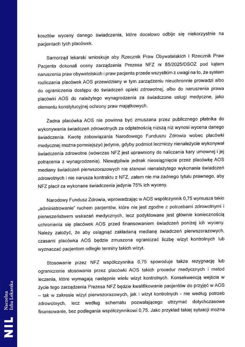 NaczelnaL's tweet image. 📌 NRL apeluje do @BiuroRPO i @RzeczPacjenta.

Współczynnik 0,75 wprowadzony przez @NFZ_GOV_PL  #AOS oznacza, że placówki mogą otrzymać o 25% niższe wynagrodzenie za prawidłowo wykonane świadczenia.

To rozwiązanie może prowadzić do ograniczania wizyt kontrolnych i kwalifikowania