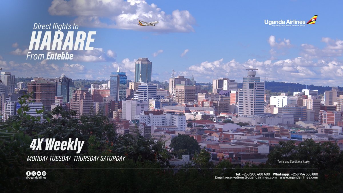 UG_Airlines's tweet image. Journey with us from #Entebbe to #Harare with 4X Weekly flights at discounted fares!🇿🇼
🔹Harare City &amp;amp; rich culture
🔹Visit Great Zimbabwe &amp;amp; nearby national parks
🔹Enjoy bustling markets &amp;amp; tasty local eats

Book now: ugandairlines.com/destinations/d…
T&amp;amp;Cs Apply
#FlyUgandaAirlines