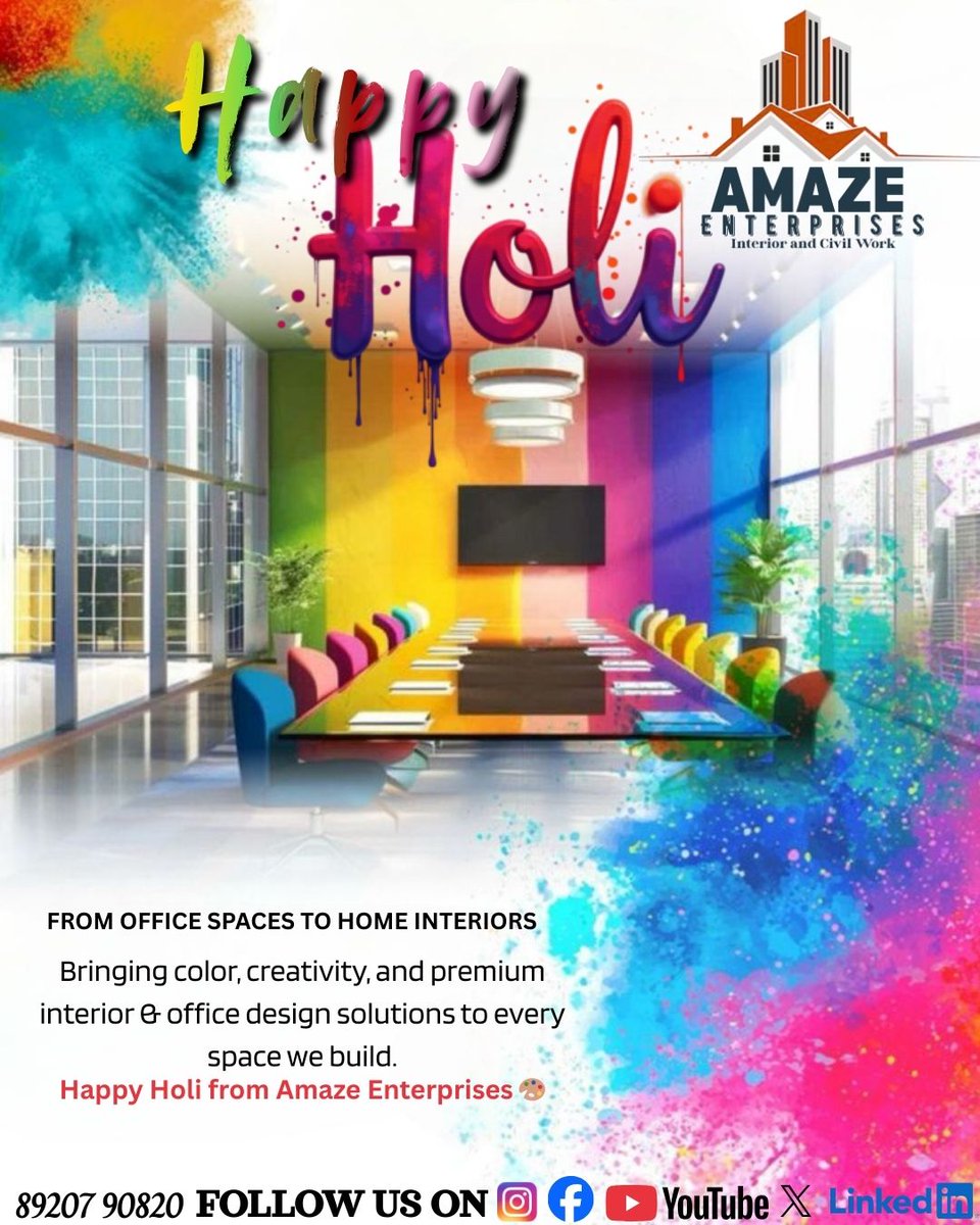 amazeenterpris's tweet image. Happy Holi from Amaze Enterprises!

May your home and workspace shine as bright as the festive hues around you.
— Team Amaze Enterprises
#HappyHoli #AmazeEnterprises #FestivalOfColors #InteriorDesign #ColorfulSpaces #NewBeginnings #viralpost #trending #INDIAN #EXPLORE