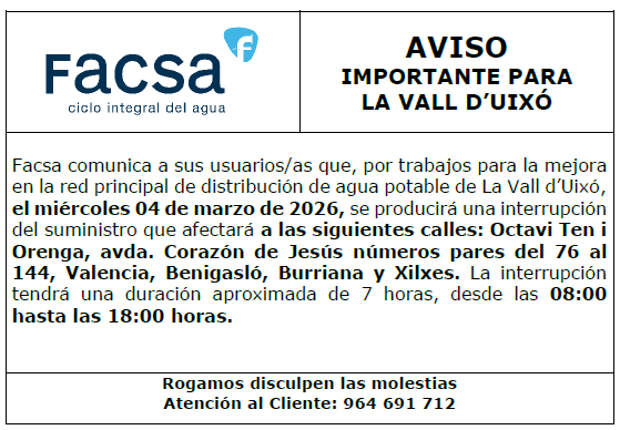 Facsa_es's tweet photo. ⚠️ AVISO #LaValldUixó: mañana 04/03, por trabajos de mejora en la red, se producirá un corte de suministro. Disculpen las molestias. #Facsa
@ajlavallduixo https://t.co/FNrxC0gUBD