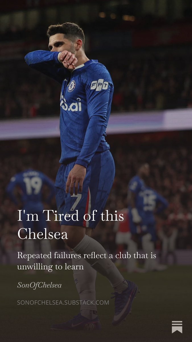 I'm tired of this Chelsea team.  

How does the lack of accountability on-pitch not perfectly reflect the club’s current leadership?  

sonofchelsea.substack.com/p/im-tired-of-…

#CFC