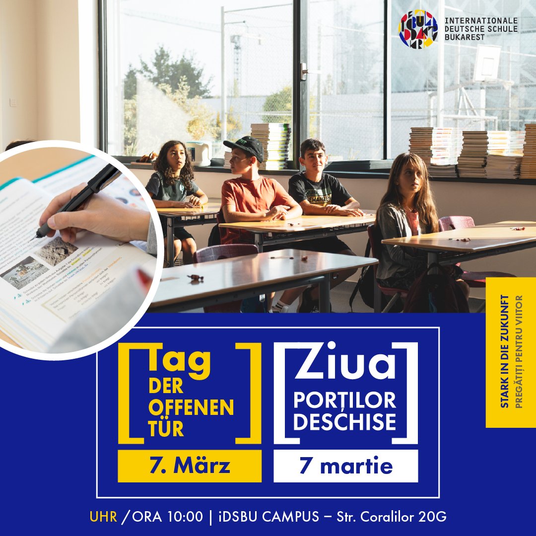 DBukarest's tweet photo. Wir laden Sie herzlich zum Tag der offenen Tür am 7. März ein, um unseren Campus zu besichtigen und mit dem Schulteam über den Bildungsweg Ihres Kindes zu sprechen.
Ziua Porților Deschise - 7 martie. Vizitați campusul și aflați mai multe despre parcursul educațional al copilului. https://t.co/r3NCnzwsF0