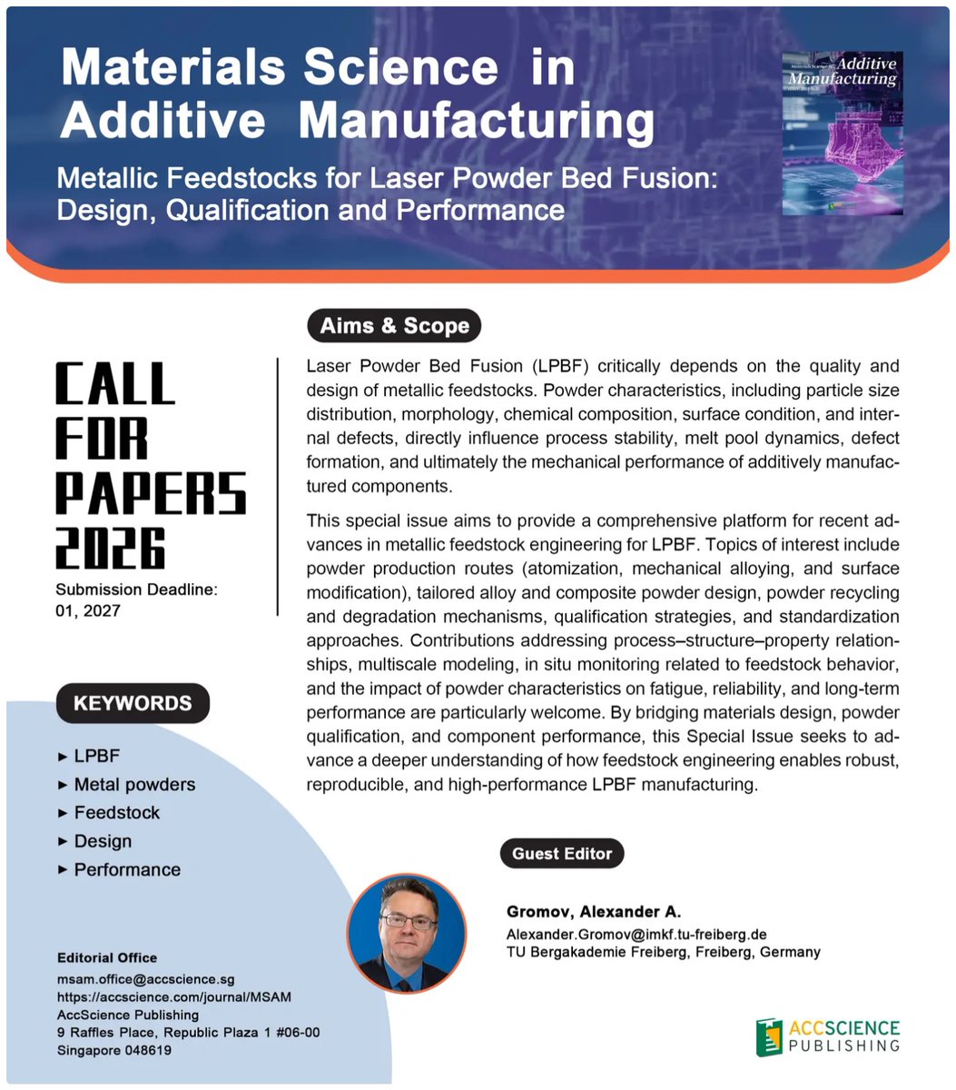 MSAM_ASP's tweet photo. 📢 Call for Papers! 

Explore the latest in LPBF with our new Special Issue: "Metallic Feedstocks for Laser Powder Bed Fusion: Design, Qualification and Performance", guest edited by Prof. Alexander Gromov.

https://t.co/ECGdhqldDk
#AdditiveManufacturing #MaterialsScience #LPBF https://t.co/4faSe6Blae