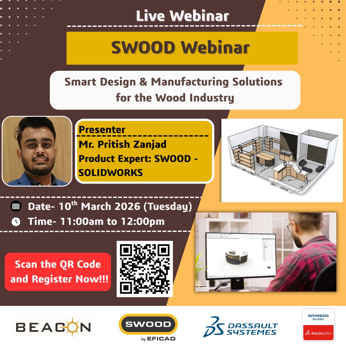 Join us on 10th March at 11 AM for an exclusive webinar on #SWOOD integrated with #SOLIDWORKS. 
📲 Click on the link to Register Now - meet.zoho.in/dxfx-mgn-dzr

<a href="/SOLIDWORKS/">SOLIDWORKS</a> <a href="/3DSIndia/">Dassault Systemes IN</a> 

#WoodManufacturing #FurnitureIndustry #SmartManufacturing  #BEACONIndia #BEACON #Webinar