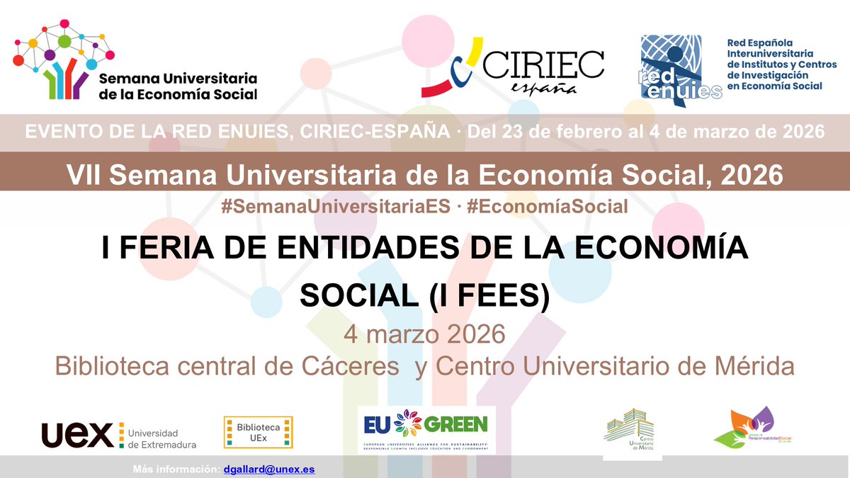 UexBiblioteca's tweet photo. Mañana 4 de marzo llega la I Feria de Entidades de la Economía Social a la UEx
📍Biblioteca Central de Cáceres
📍Centro Universitario de Mérida
Conoce sus proyectos y descubre cómo participar 💡#EconomíaSocial #BUEx #SemanaUniversitariaES https://t.co/ECNcbJK35E