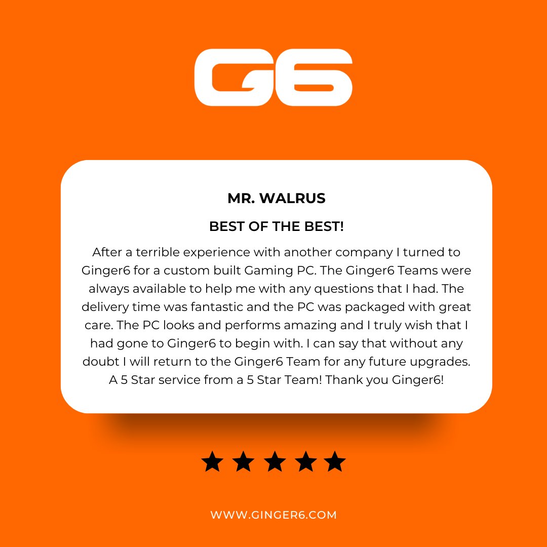 A flawless gaming PC and a team that actually helps.   Mr. Walrus switched to Ginger6 after a bad experience elsewhere.
Thanks for the 5⭐ review! 
#Ginger6 #GamingPC #CustomPC #CustomerReview #FiveStarService #ReviewPost #TechMadeEasy
