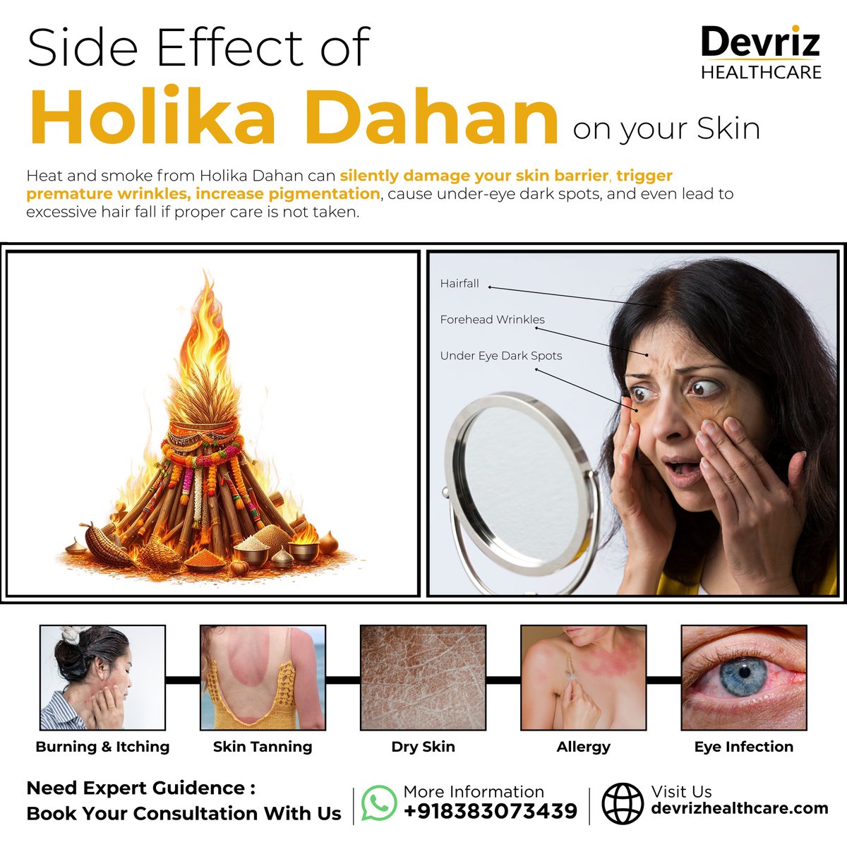 devriz01's tweet photo. Devriz Healthcare – Protect Your Skin This Holika Dahan

Heat and smoke from Holika Dahan can silently damage your skin barrier.

#devrizhealthcare #holikadahan #skincareawareness #pigmentationcare #healthyskin #skinsafety #dermatologycare #clearskin #skintips #skinprotection https://t.co/Rja0HvNvIW