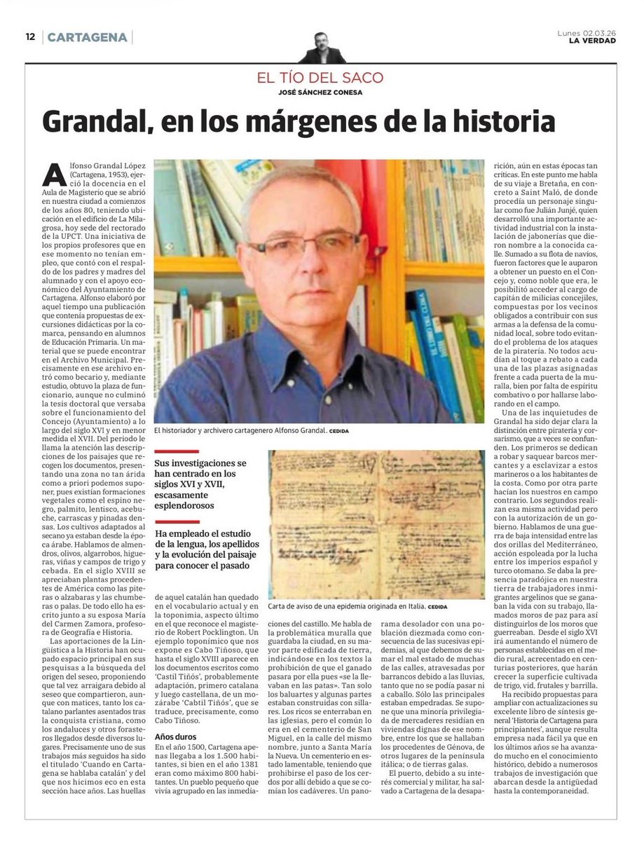 📰 El artículo del cronista José Sánchez Conesa se centra en la figura del historiador Alfonso Grandal, que durante varios años ocupó el cargo de Jefe del Archivo Municipal de Cartagena.