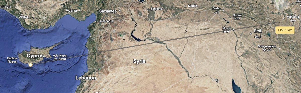 I dunno what kind of Shahed it was that hit the runway at Akrotiri. But at 185km/h it was likely fired *well before* Starmer announced he was allowing limited US use of British bases. It's more than a thousand clicks from Iran 👇