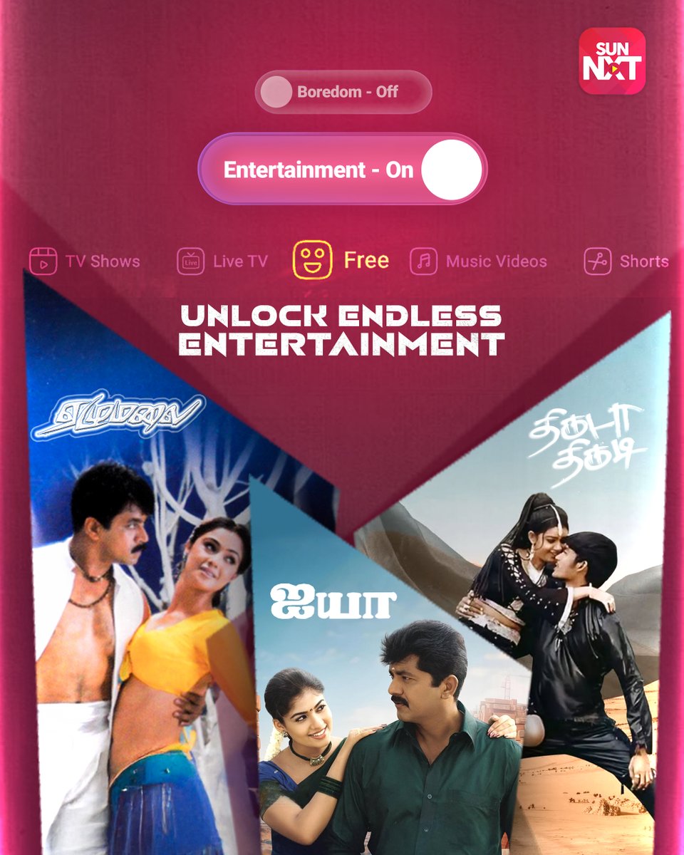 sunnxt's tweet photo. The entertainment marathon starts now!
Start streaming your favorite hits like Dhill, Jaya & Thiruda Thirudi now for FREE on Sun NXT!
#EntertainmentOn #FreeStreaming #TamilMovies #SunNXT #NonStopFun
Free Tamil movies streaming, Dhill movie, Jaya film, Thiruda Thirudi, unlimited entertainment, live TV and shows, Sun NXT free content