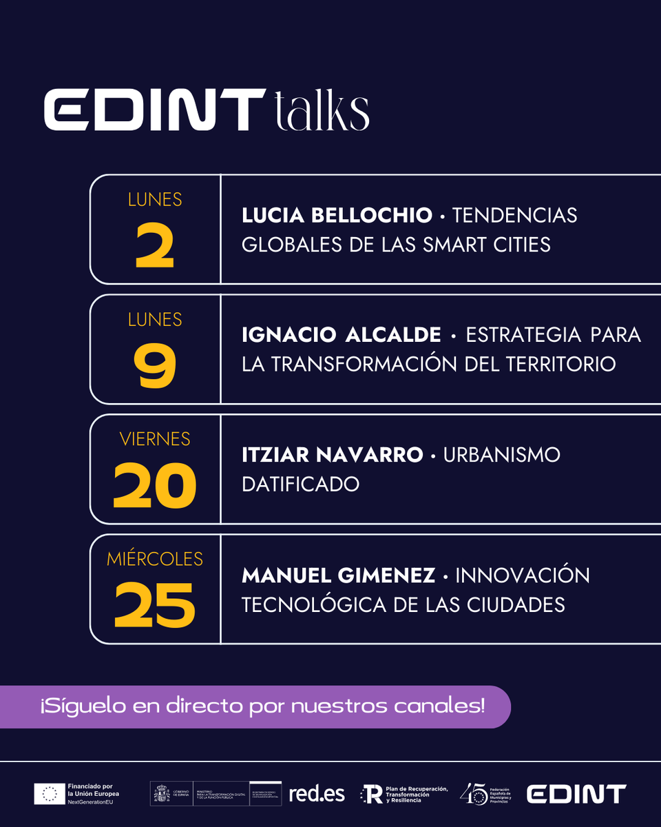 edint_femp's tweet photo. ↗️ ¡Marzo viene cargado de innovación urbana!

Presentamos el calendario de este mes de #EDINTTalks

🏙️ Cuatro sesiones en directo con grandes personas expertas para entender cómo la tecnología y los datos están redefiniendo el futuro de nuestros territorios.

¡No te las pierdas! https://t.co/uVYqEcKL9z