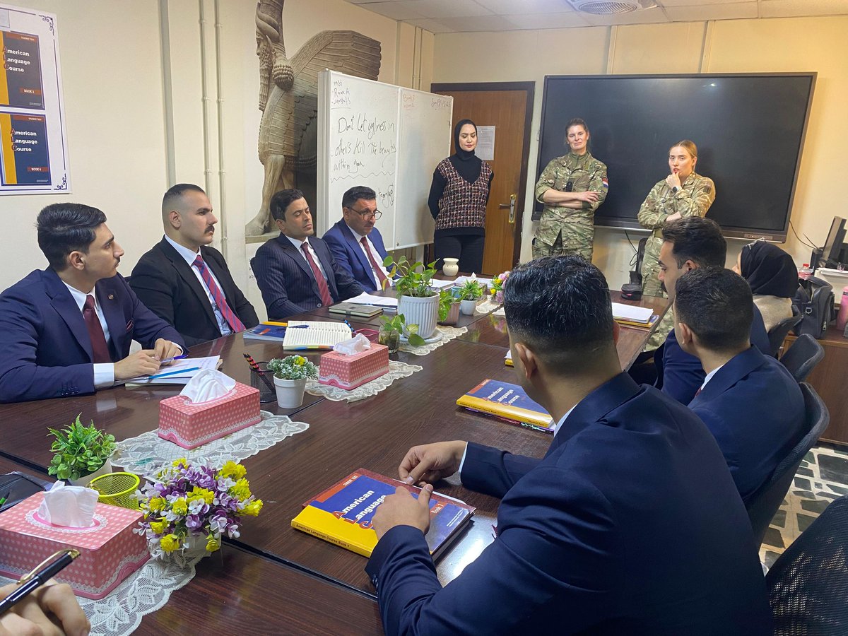 IraqNato's tweet photo. Volunteers from NATO Mission Iraq join Defence Languages Institute students to practice English, Spanish, Italian, Turkish, German and French, building skills, cultural understanding and supporting NMI’s goal of internationally engaged Iraqi personnel.
#WorkingTogether4Iraq https://t.co/DmurhZPzSw