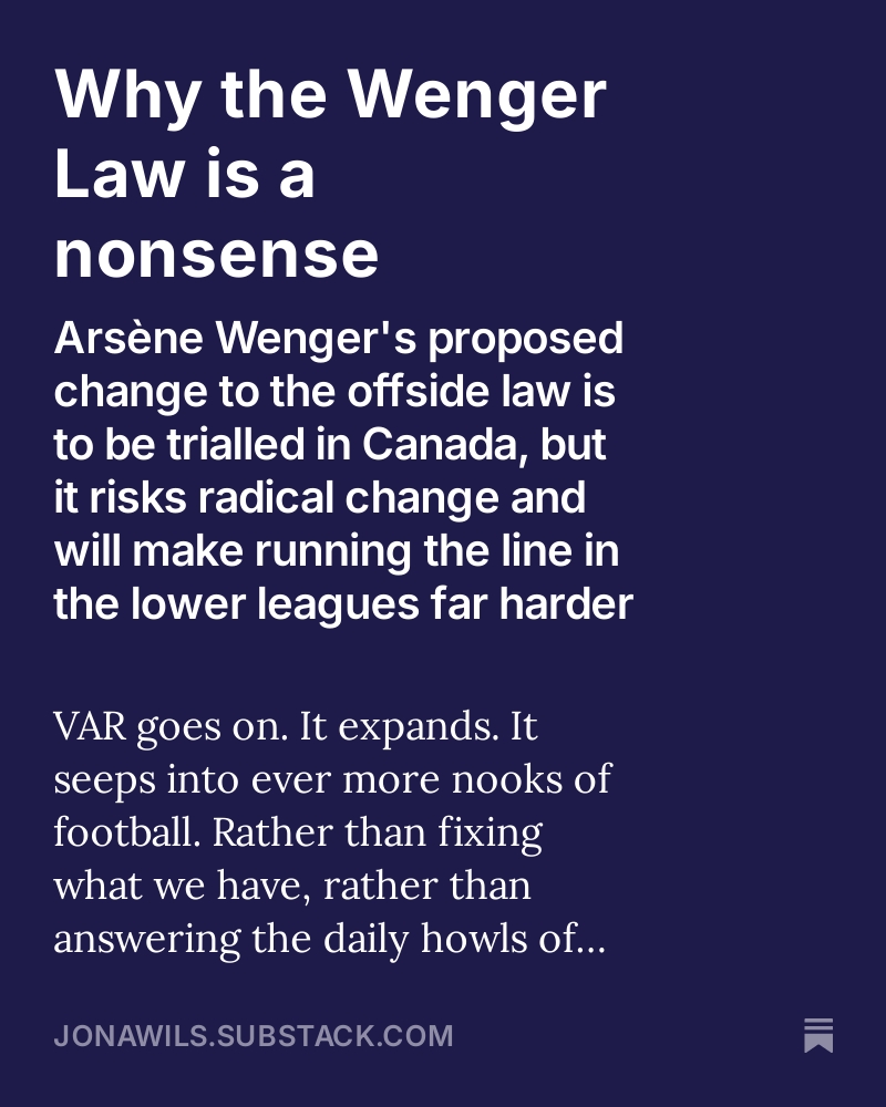jonawils's tweet image. Arsène Wenger's proposed change to the offside law is an abomination.

#offside #var #wenger #fifa #ifab