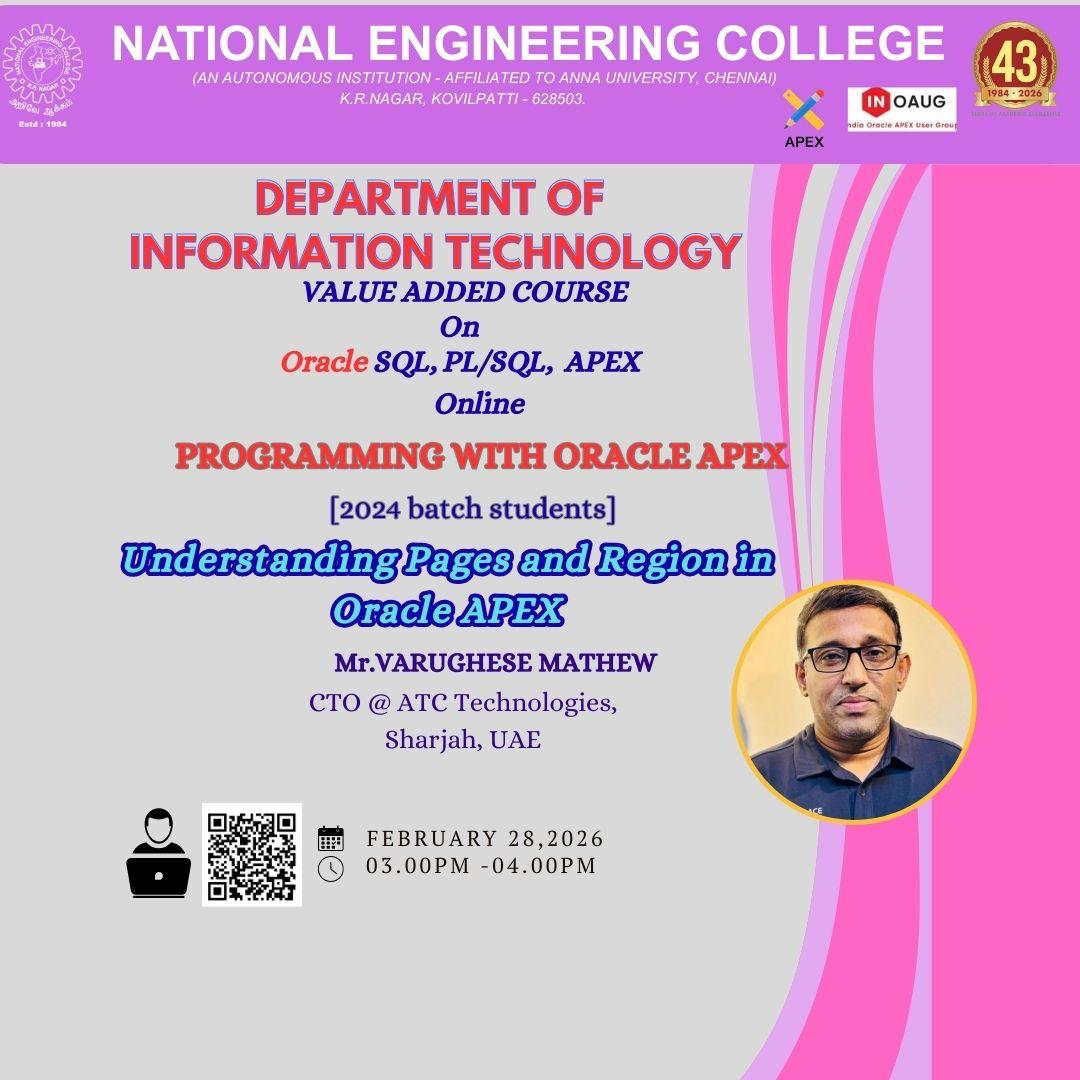 varghese0905's tweet photo. Honored to conduct a Value Added Course session for the Department of Information Technology at National Engineering College, Kovilpatti for the 2024 batch students. #orclAPEX #OracleCommunity #APEX #SQL #PLSQL #LowCode #TechSession #OracleACE @tkarkuvelraja https://t.co/fNwKkhofkX