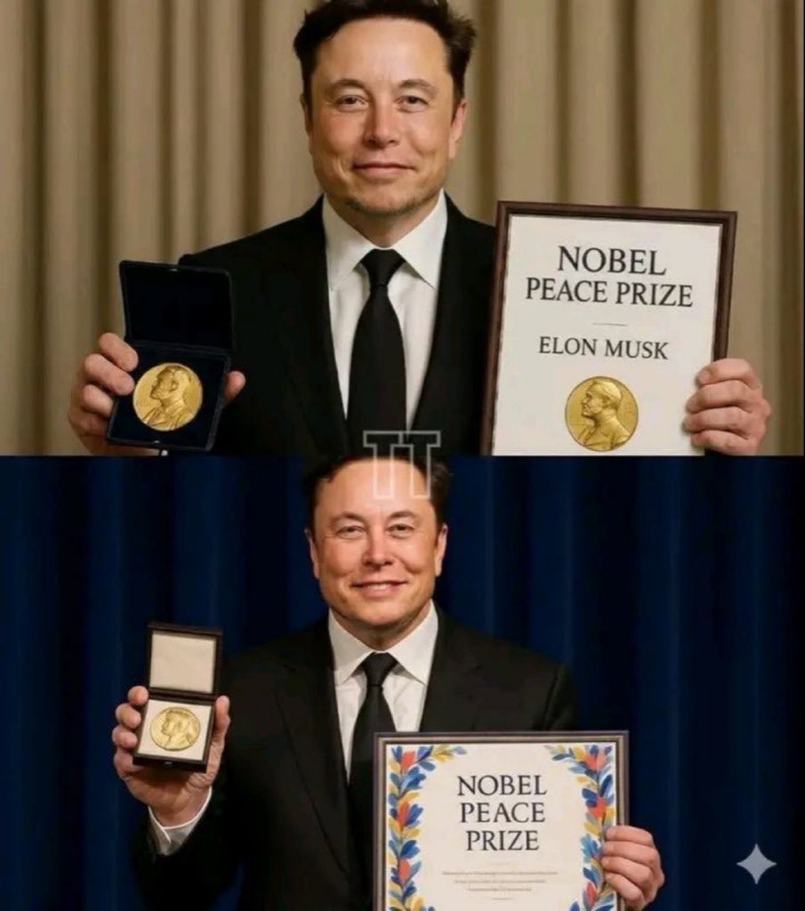 ParodyELONMuskh's tweet photo. Do you also believe that Elon Musk should get the Nobel Peace Prize?

BE HONEST 
YES ✅
NO❌ https://t.co/03ikizhDFy
