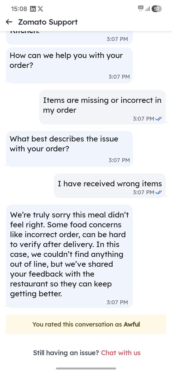 vineeth0404's tweet photo. @zomato @zomatocare I don't understand your AI bot response. Wrong order received and you don't even care to rectify the same. https://t.co/IHXuB8ZJfK