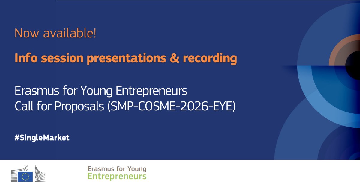 EU_EISMEA's tweet image. Did you miss the #SingleMarket info session on the Erasmus for Young Entrepreneurs #EYE call?

No worries, we got you covered!
📹 The recording and presentation of the webinar are now available.

Check the key insights about the call 👉 link.europa.eu/TnGdgJ