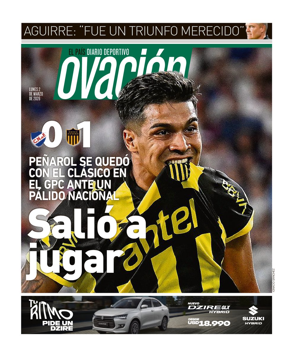 ovacionuy's tweet photo. 🗞️ Esta es la portada de Ovación de hoy, 2 de marzo de 2026 🔗 https://t.co/3GkM4rCsAX https://t.co/HHnGM2E7Ar